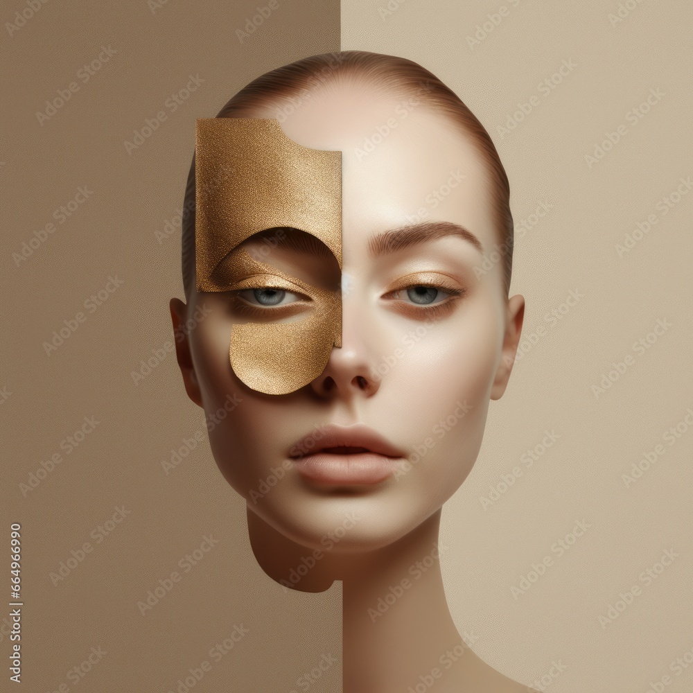 Wall mural Beautiful young woman with golden facial mask. Skin care concept.  Cosmetology. Beauty treatment and  plastic surgery concept. Collage of female face with wrinkles on skin. Anti-aging concept of skin