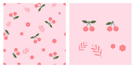 Seamless pattern with cherry, cute flower and branch on pink background vector. Cherry icon.