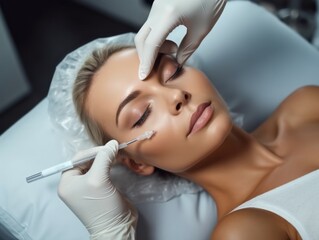 Beautiful young woman getting botox injection in her face at beauty salon.  Cosmetology. Young adult woman getting beauty injections in the face.
