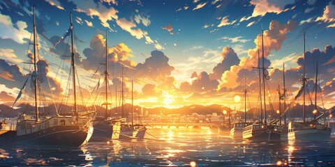 Beautiful Harbor with Blue Sky and Sunset View in Japanese Anime Style - obrazy, fototapety, plakaty