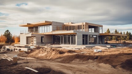 Obraz premium Building a modern house with flat roof, construction site, large windows and structural elements