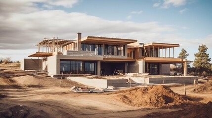 Building a modern house with flat roof, construction site, large windows and structural elements