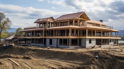 Large luxury house under construction, structural elements, wooden supports, construction site