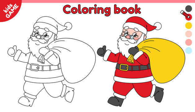 Cartoon happy Santa Claus running with a bag of gifts. Page of kids coloring book. Color outline cute merry Christmas character. Activity for children. Black and white contour vector design.