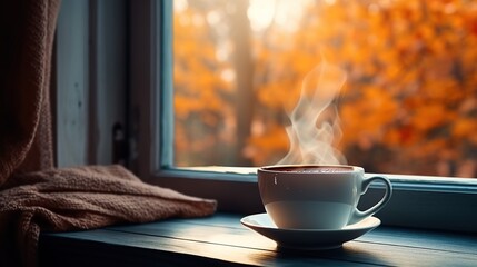 Cup of hot autumn coffee or tea on the window. Living in Hygge style. Hot drink in cold autumn fall weather halloween - obrazy, fototapety, plakaty