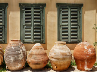 Four Clay Pots On An Athens Sidewalk