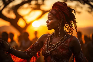 Fotobehang African woman dancing at sunset among baobab trees. © XaMaps