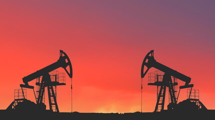 Oil prices on global market. Crude oil Pumpjack on oilfield on sunset. Fossil crude production. Oil...