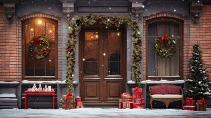 Fototapeta na wymiar Christmas House: Festive Door Decorations Transform This Old Architecture into a Welcoming Home