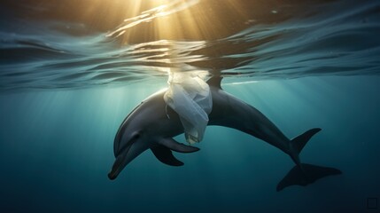 dolphin and plastic bags in Ocean, worldwide ocean pollution
