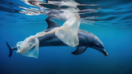 dolphin and plastic bags in Ocean, worldwide ocean pollution