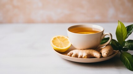 Cup of tea with lemon and ginger, Generative AI