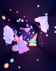3d rendered cartoon room with upside down ice cream cones, clouds, bubbles, and stars.
