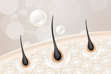 Hyaluronic acid hair and skin solutions ad, white collagen serum drop into skin cells with anti-aging cosmetic advertising background ready to use, illustration vector.