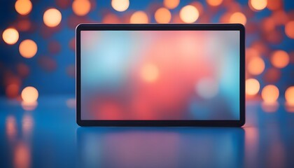 Slim modern tablet against a background of shining lights, front side, tablet close-up - obrazy, fototapety, plakaty