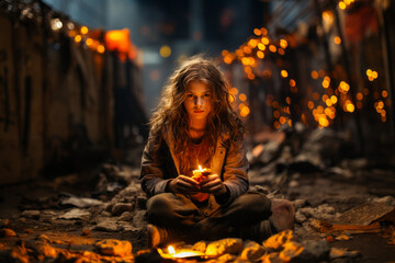 Young girl against rusty wall holding burning book