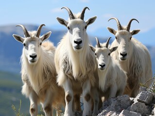 Herd of Mountain Goats on a Rocky Hill