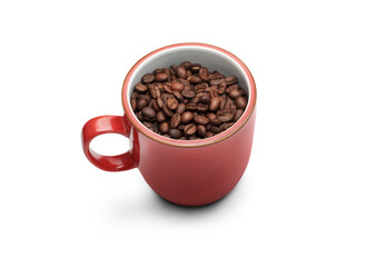 A red coffee mug the the handle pointing to the left with fresh roasted coffee beans for a fresh cup of coffee concept isolated against a transparent background.