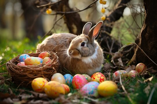 The joyful Easter bunny hunts eggs. Generative AI