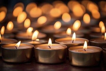 Fototapeta na wymiar Beautiful Tea Light Candles. A Romantic Candlelit Vigil for Christmas Celebration and Remembrance.