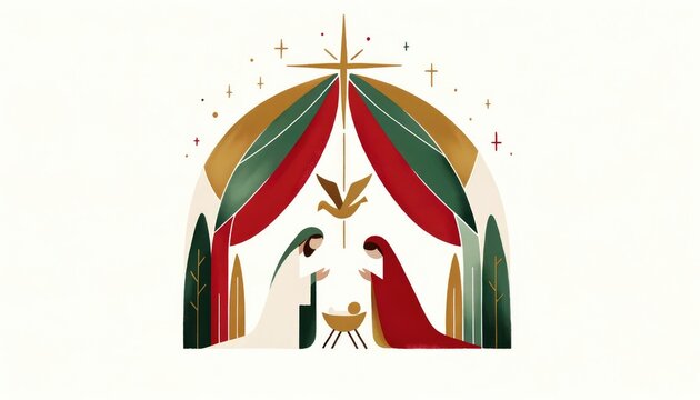 Christmas Nativity Scene Illustration with Mary, Joseph and Baby Jesus