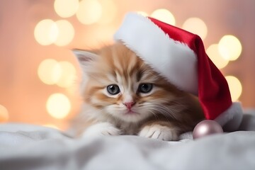 Cute kitten in a Santa Claus hat on a festive background.