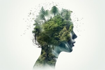 Double exposure of woman face with green forest in her head.