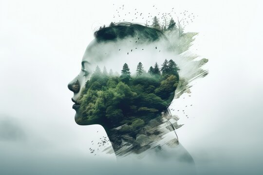 Double exposure of a woman's head with forest landscape in the background.