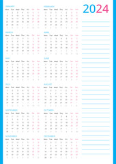 calendar for 2024, Vertical Pink Blue Calendar 2024 week starting Monday, Vector 2024 Calendar template to make your new year planning easy.	
