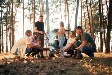 Roast marshmallows on fire. Group of friends are together in the forest