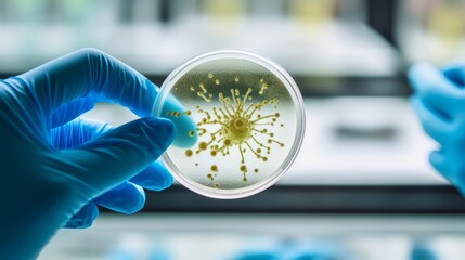 A person holds a petri dish holding bacteria inside of it, Biology, science, medicine. Microbiological diagnostics. Generative AI