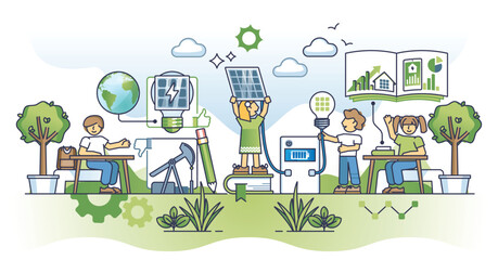 Solar education and awareness with green energy learning outline concept. Sun panel technology teaching for kids and children as sustainable and nature friendly future knowledge vector illustration.