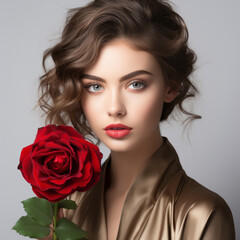 Fototapeta na wymiar Portrait of a young beautiful woman with a red rose on near her face. Fashion portrait of brunette girl with wavy hairstyle and professional makeup and red rose in hand.
