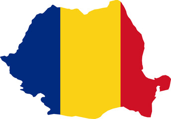 A contour map of Romania. Graphic illustration on a white background with the national flag superimposed on the country's borders - obrazy, fototapety, plakaty