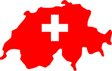 A contour map of Switzerland. Graphic illustration on a white background with the national flag superimposed on the country's borders