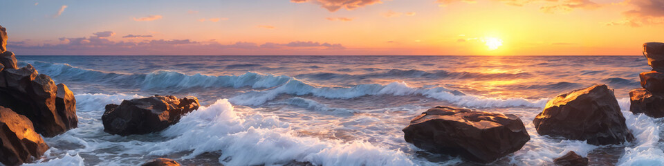 Obraz premium Panorama of a sunset over the ocean with waves crashing on the shore, rocks, big stones in the foreground in the water. Seascape illustration with sand beach, cloudy sky and setting sun. Generative AI
