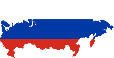 A contour map of Russia. Graphic illustration on a white background with the national flag superimposed on the country's borders