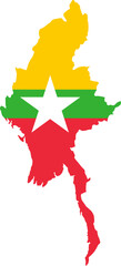 A contour map of Myanmar. Graphic illustration on a white background with the national flag superimposed on the country's borders