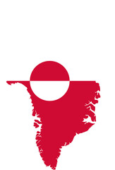 A contour map of Greenland. Graphic illustration on a white background with the national flag superimposed on the country's borders © Ungrim