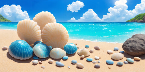 Obraz na płótnie Canvas Ocean beach on a sunny day with big and small shells and sea pebbles. Seascape illustration with sand beach, waves, turquoise water and sky with white clouds. Generative AI
