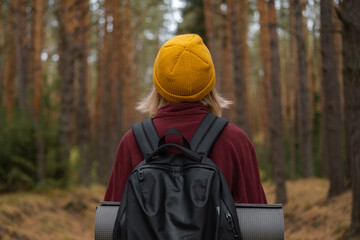 Young happy woman walking in the woods and enjoying the fall air. Hiking alone in a pine forest