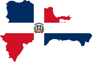 A contour map of Dominican Republic. Graphic illustration on a white background with the national flag superimposed on the country's borders - obrazy, fototapety, plakaty