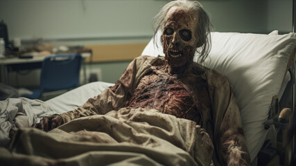 Creepy zombie lying in the hospital bed. Horror theme. - obrazy, fototapety, plakaty