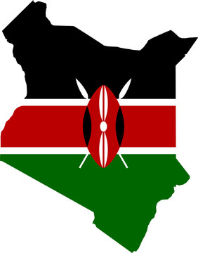 A contour map of Kenia. Graphic illustration on a white background with the national flag superimposed on the country's borders