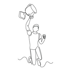 Continuous single line sketch drawing of business man successful achievement goal holding trophy reward. one line vector illustration success leader employee corporate celebration