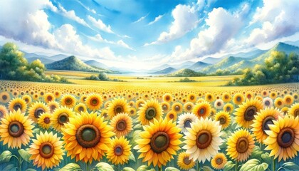 Watercolor portrayal of a radiant sunflower field under a pristine blue sky, resonating with emotions of joy, hope, and optimism