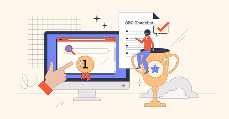 How to rank on search engine ratings with SEO retro tiny person concept. Keyword optimization with effective title and description for website ranking growth vector illustration. Web site recognition