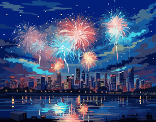 Fototapeta premium Multicolored fireworks burst over a modern cityscape, with serene harbor waters capturing their shimmering reflections