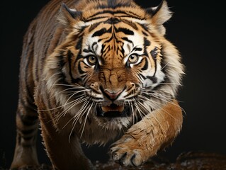 Fototapeta premium Portrait of a Ferocious Tiger Running Over the Mud
