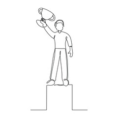 Continuous single line sketch drawing of business man successful achievement goal holding trophy reward. one line vector illustration success leader employee corporate celebration